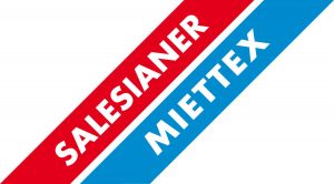 Logo: Roter und blauer Streifen diagonal mit weißem Schriftzug