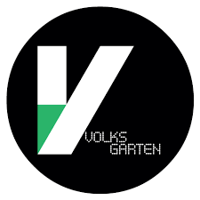 Logo Volksgarten: Weißes "V" in schwarzen Kreis