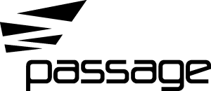 Logo: 4 schwarze Dreiecke und schwarzer Schriftzug "passage"